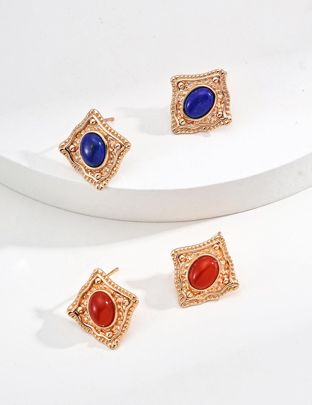 Royal Lapis Lazuli Stud Earrings Blue/ Red - Petite Secret Jewellery