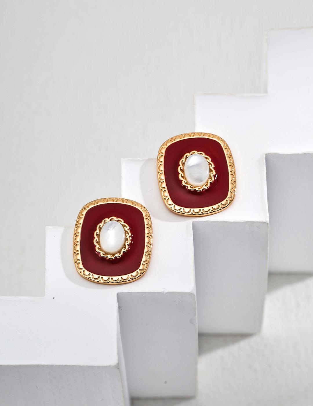 Vintage Red Enamel and Pearl Earrings - Petite Secret Jewellery