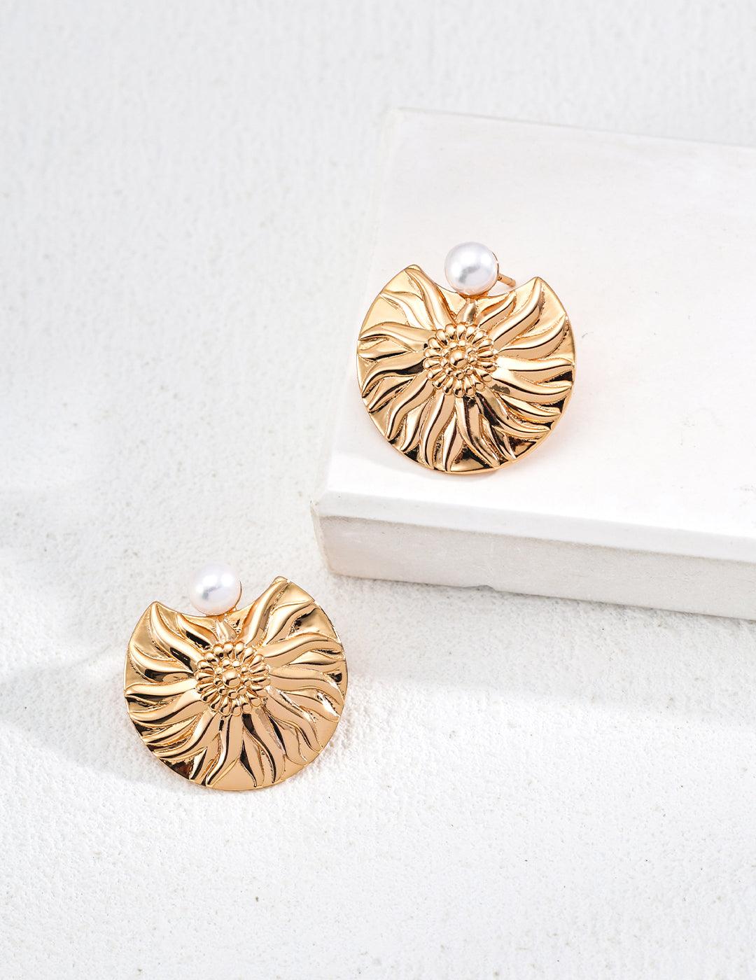 Golden Sunflower Pearl Earrings | Petite Secret Jewellery - Petite Secret Jewellery