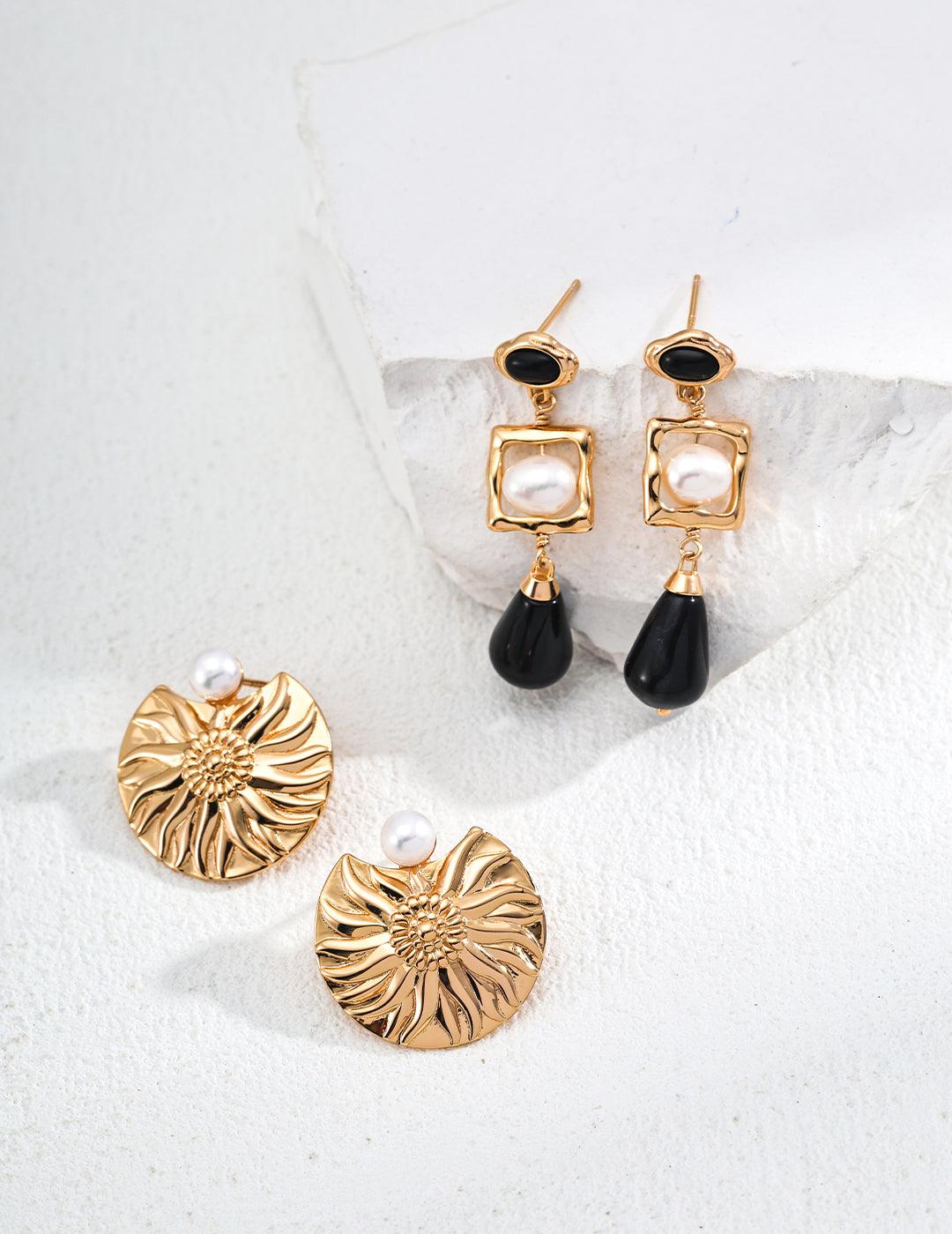 Golden Sunflower Pearl Earrings | Petite Secret Jewellery - Petite Secret Jewellery
