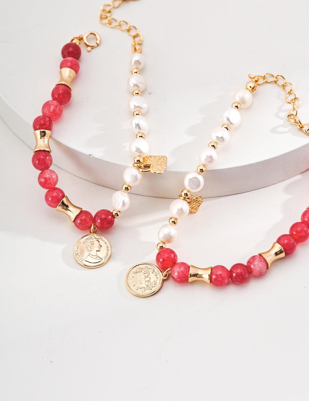 Pink Gemstone and Pearl Charm Bracelet - Petite Secret Jewellery