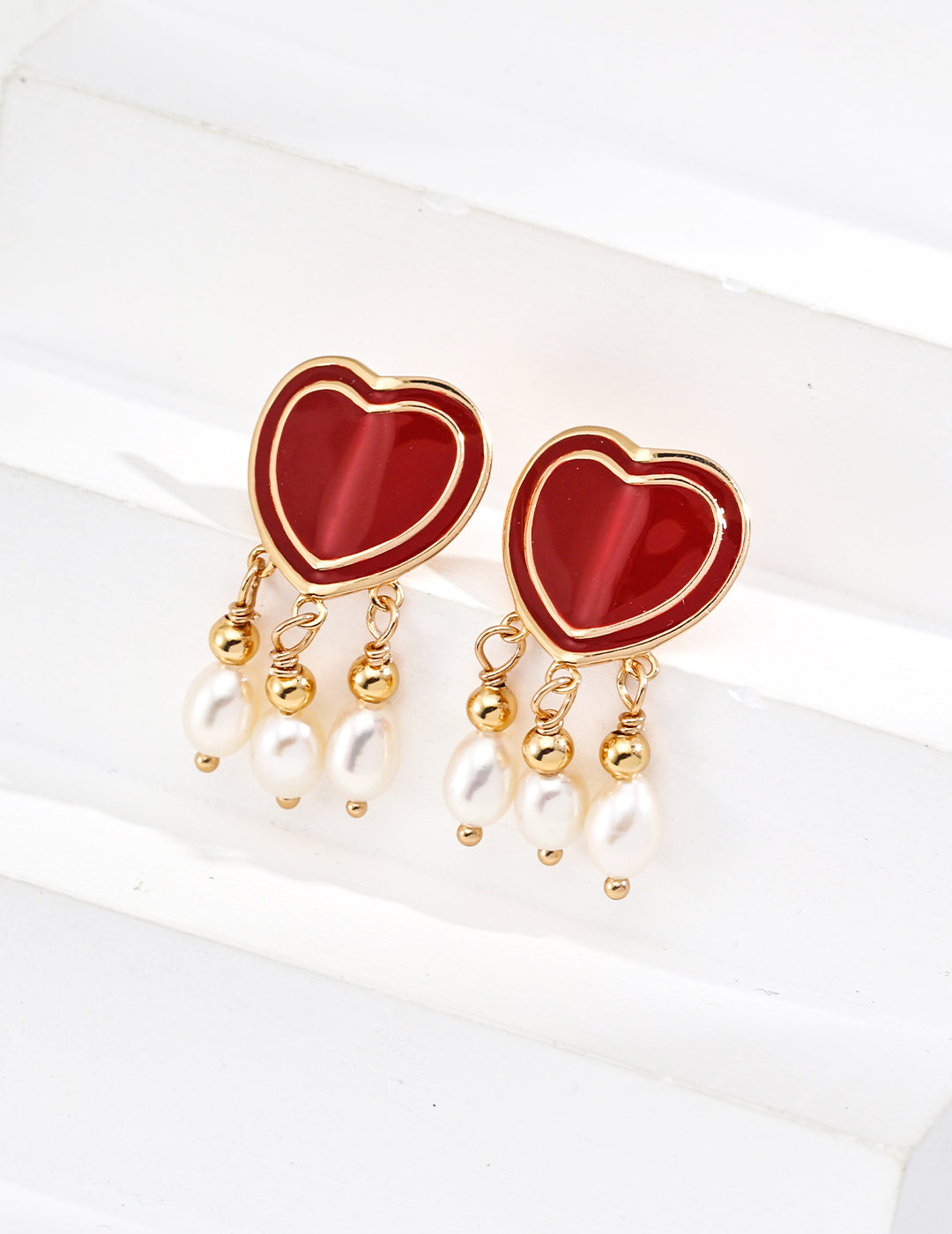 Red Heart’s Desire Pearl Drop Earrings - Petite Secret Jewellery