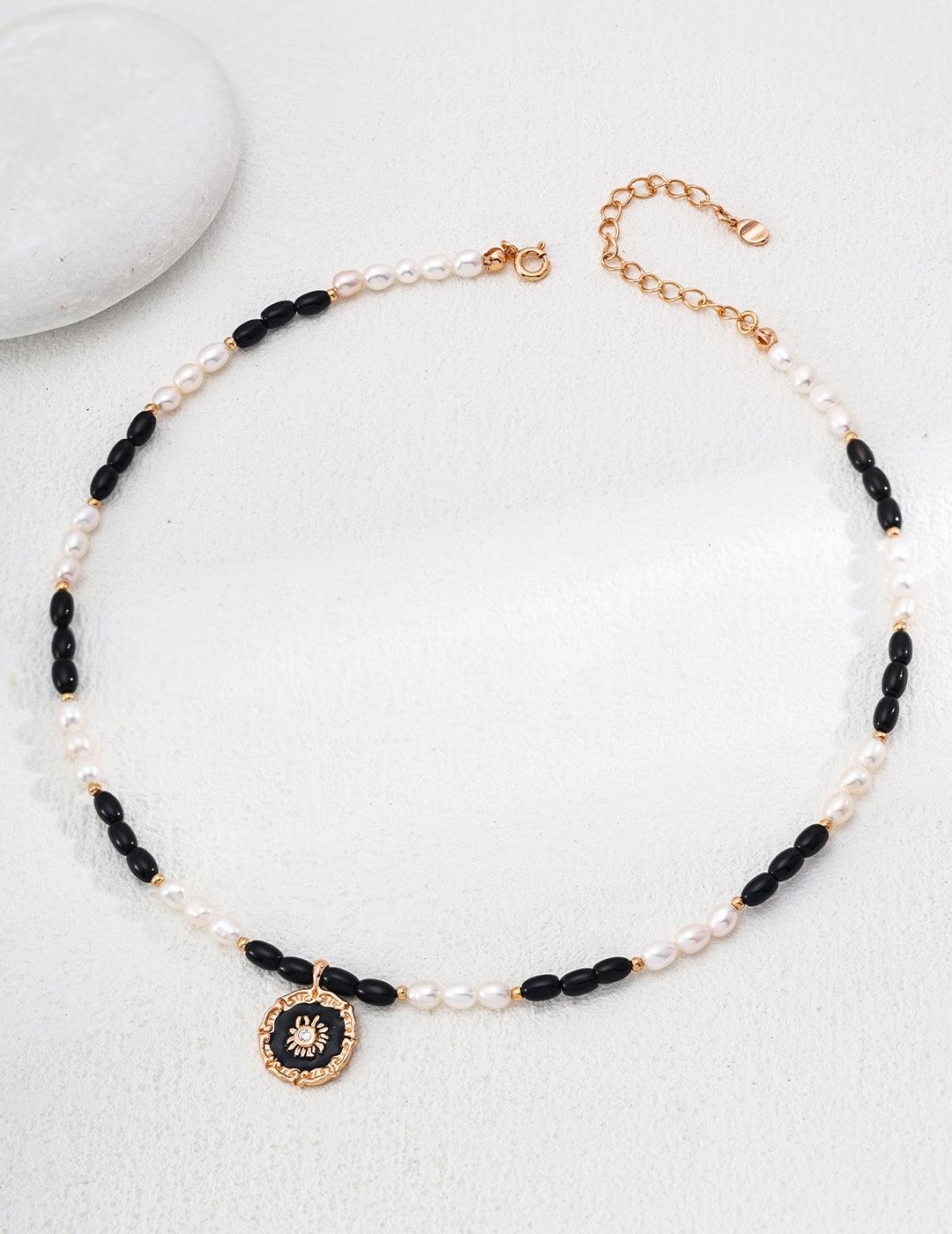 Sun Medallion Pearl & Onyx Necklace - Petite Secret Jewellery