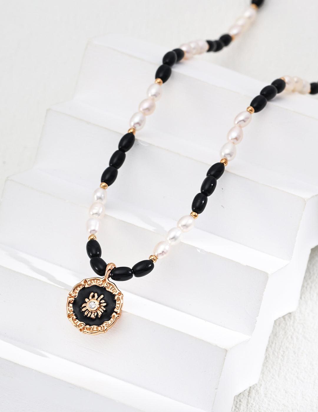 Sun Medallion Pearl & Onyx Necklace - Petite Secret Jewellery