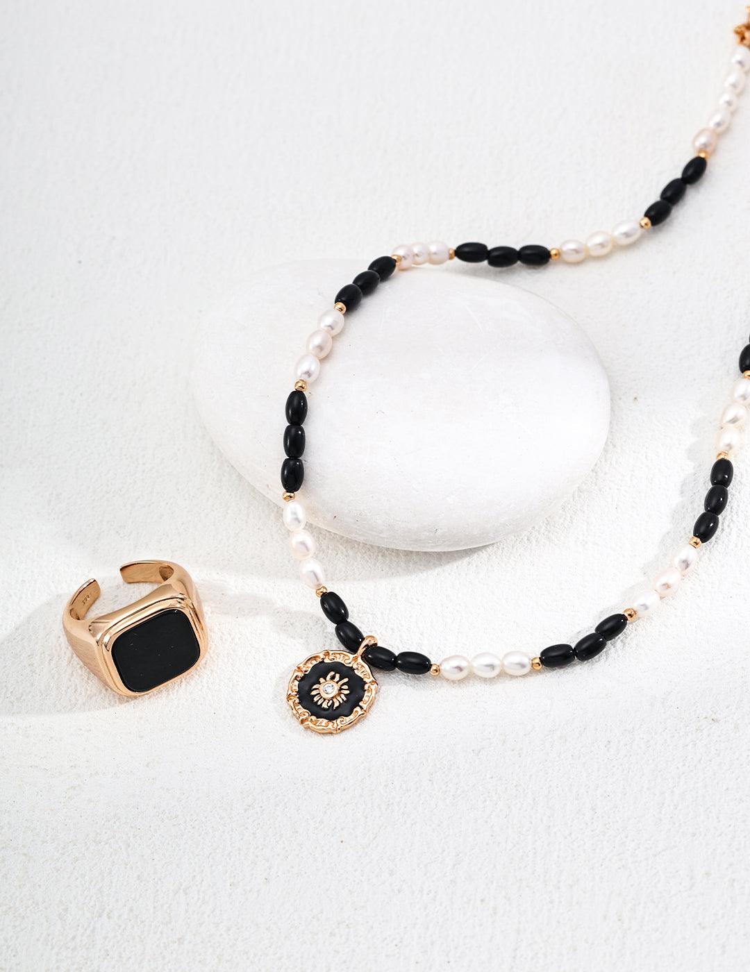 Sun Medallion Pearl & Onyx Necklace - Petite Secret Jewellery