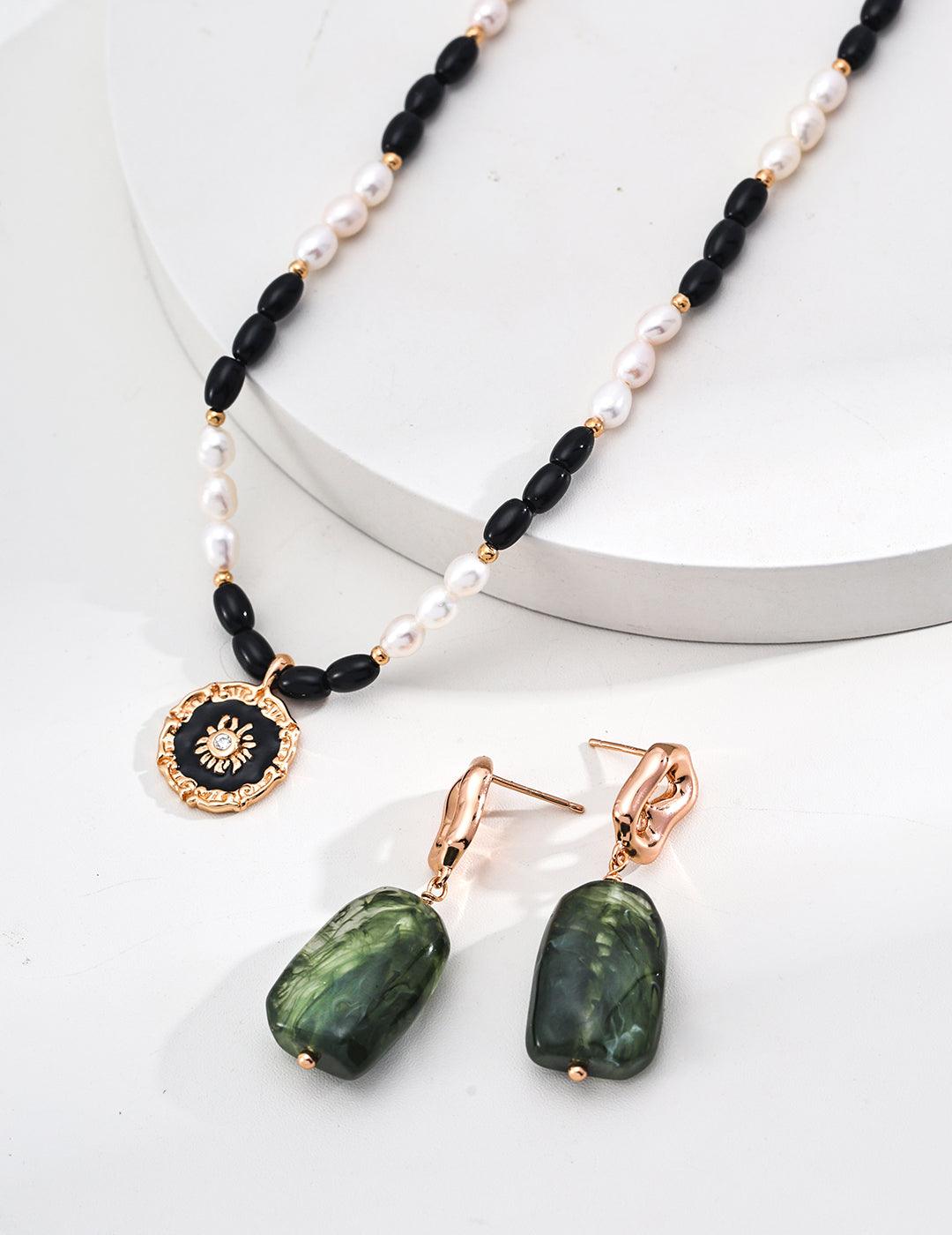 Sun Medallion Pearl & Onyx Necklace - Petite Secret Jewellery