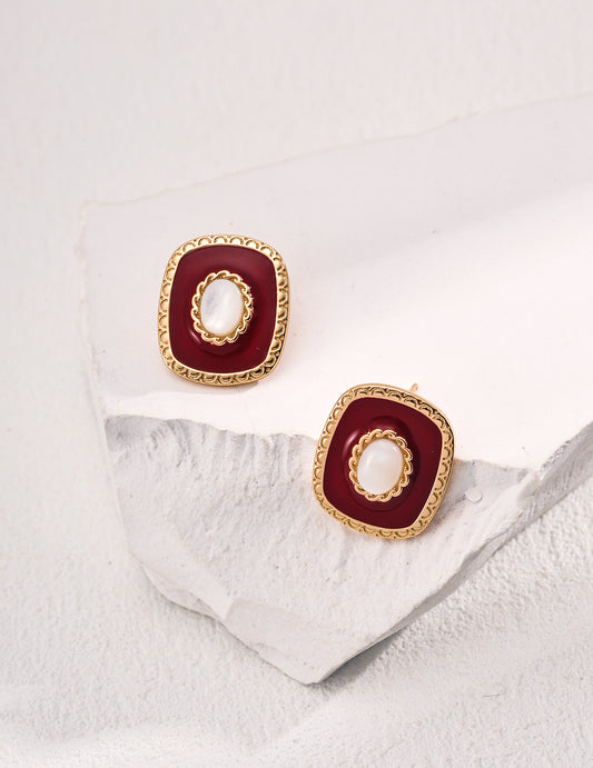 Vintage Red Enamel and Pearl Earrings - Petite Secret Jewellery